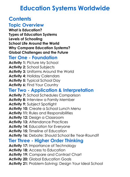 Education Systems Worldwide Worksheet Activity Booklet