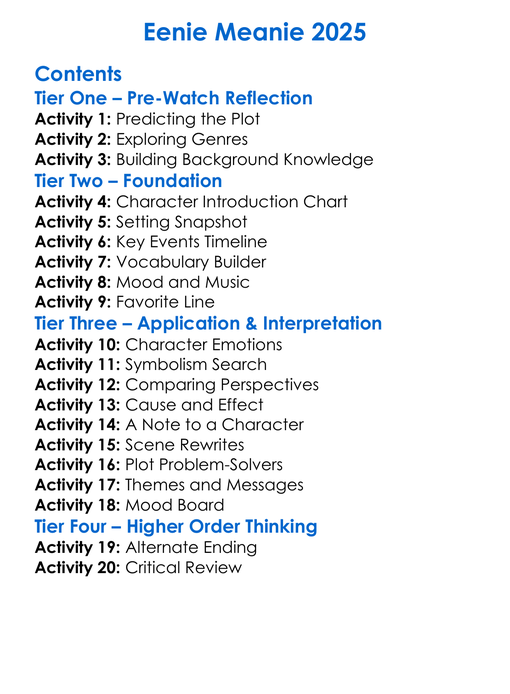 Eenie Meanie 2025 Worksheet Activity Booklet