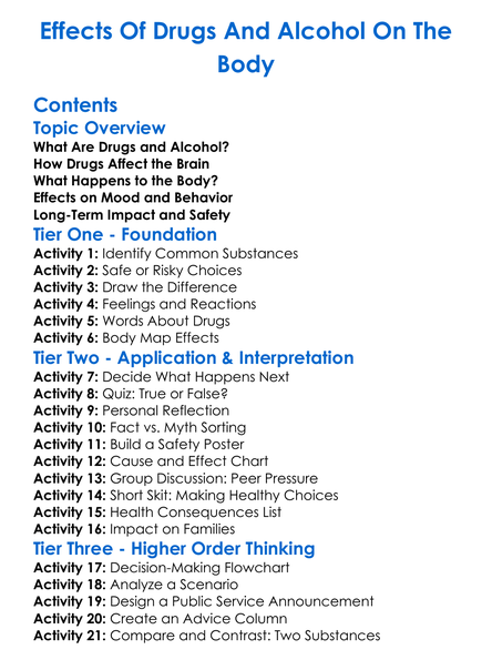 Effects Of Drugs And Alcohol On The Body Worksheet Activity Booklet