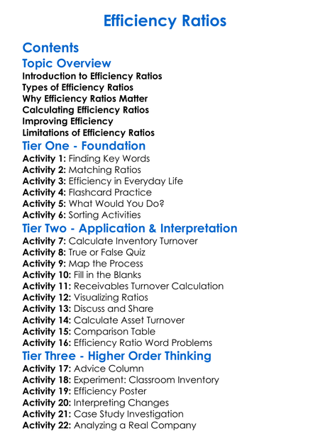 Efficiency Ratios Worksheet Activity Booklet