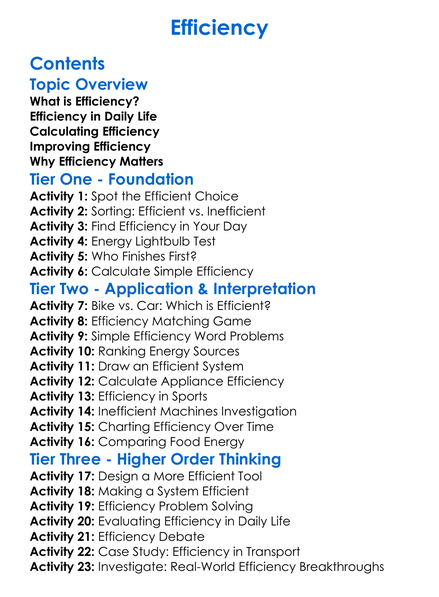 Efficiency Worksheet Activity Booklet