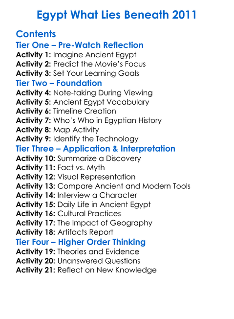 Egypt What Lies Beneath 2011 Worksheet Activity Booklet