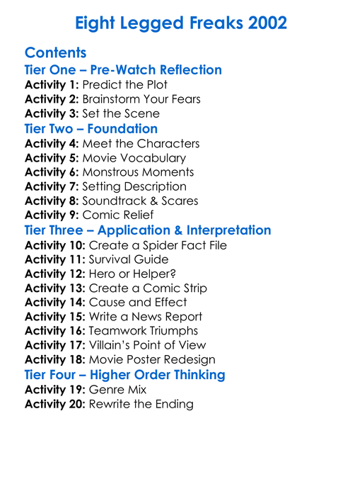 Eight Legged Freaks 2002 Worksheet Activity Booklet