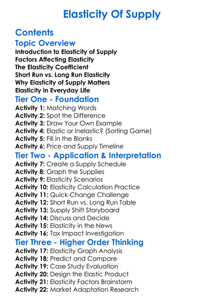 Elasticity Of Supply Worksheet Activity Booklet