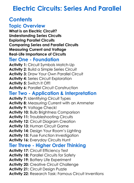 Electric Circuits Series And Parallel Worksheet Activity Booklet