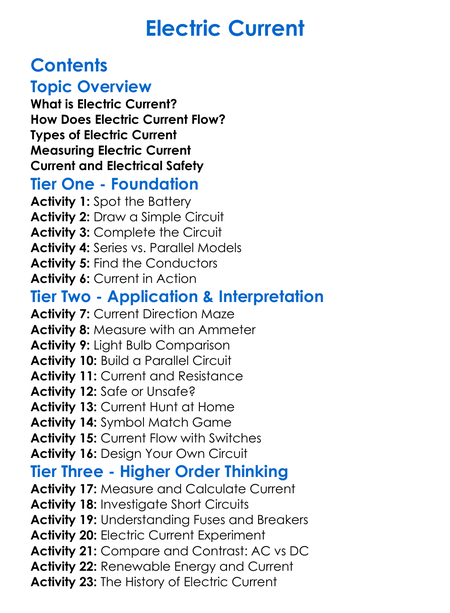 Electric Current Worksheet Activity Booklet