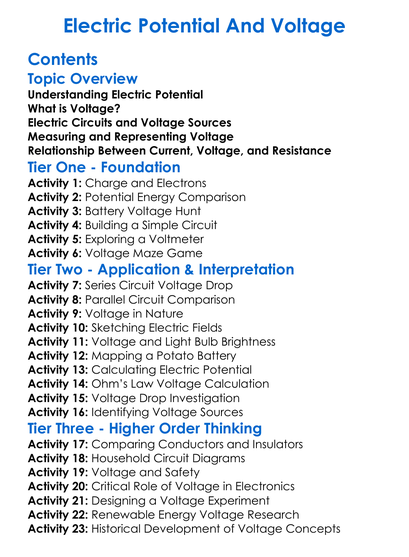 Electric Potential And Voltage Worksheet Activity Booklet