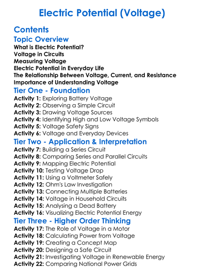 Electric Potential Voltage Worksheet Activity Booklet