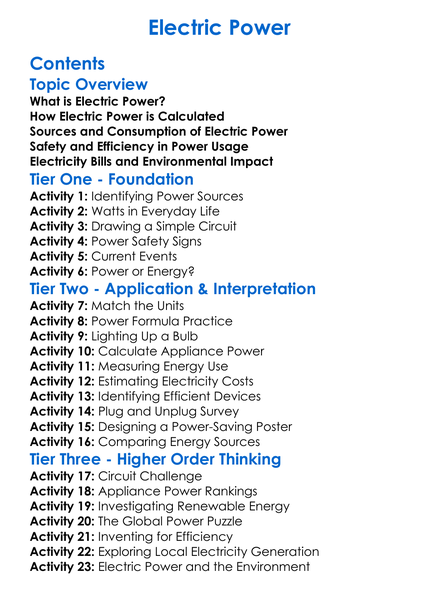 Electric Power Worksheet Activity Booklet