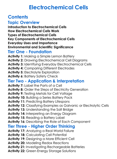 Electrochemical Cells Worksheet Activity Booklet