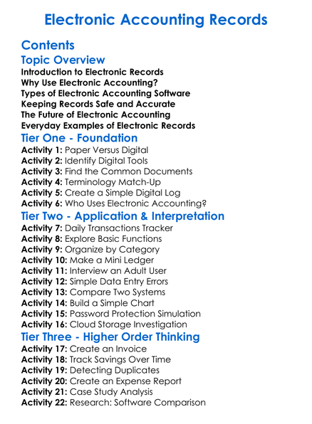 Electronic Accounting Records Worksheet Activity Booklet