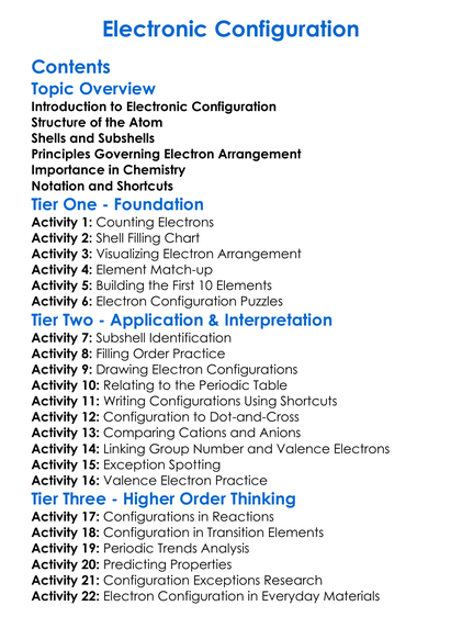 Electronic Configuration Worksheet Activity Booklet