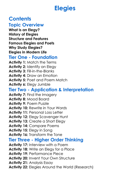 Elegies Worksheet Activity Booklet