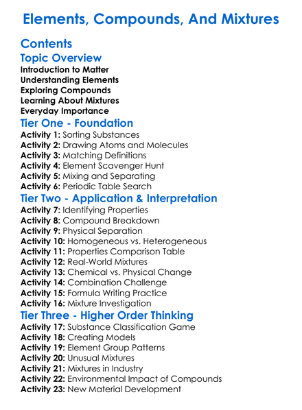 Elements Compounds And Mixtures Worksheet Activity Booklet