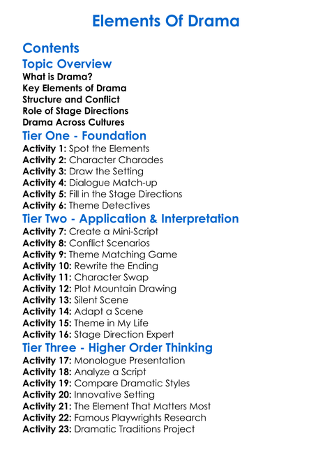Elements Of Drama Worksheet Activity Booklet
