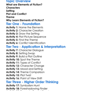 Elements Of Fiction Worksheet Activity Booklet