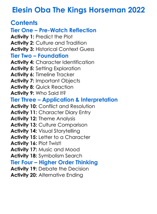 Elesin Oba The Kings Horseman 2022 Worksheet Activity Booklet