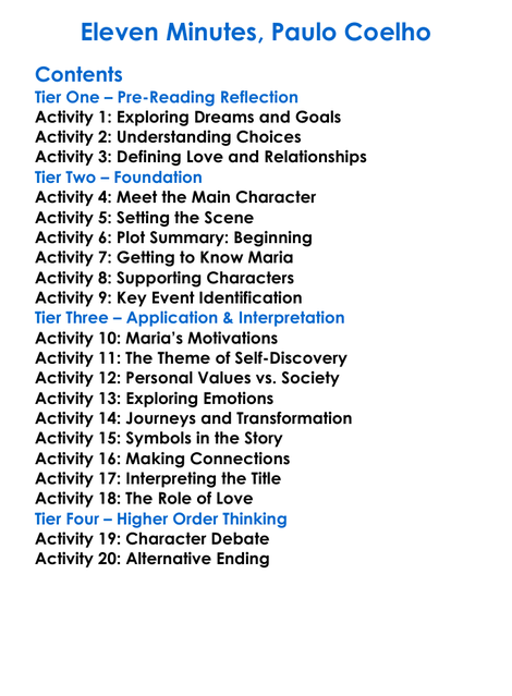 Eleven Minutes Paulo Coelho Worksheet Activity Booklet