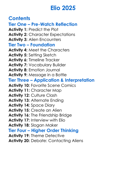 Elio 2025 Worksheet Activity Booklet