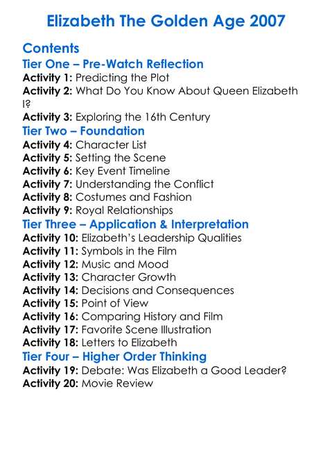 Elizabeth The Golden Age 2007 Worksheet Activity Booklet