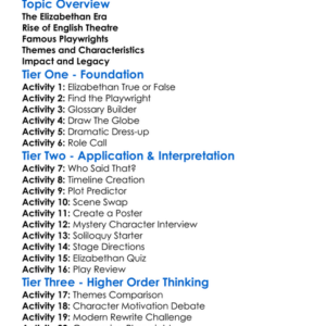 Elizabethan Drama Worksheet Activity Booklet