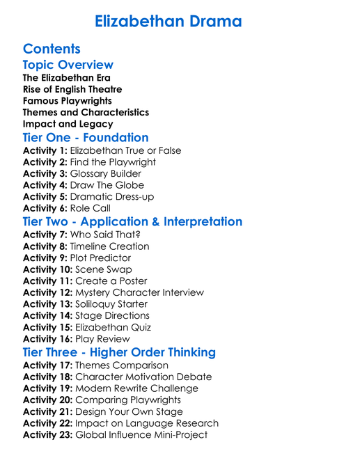 Elizabethan Drama Worksheet Activity Booklet