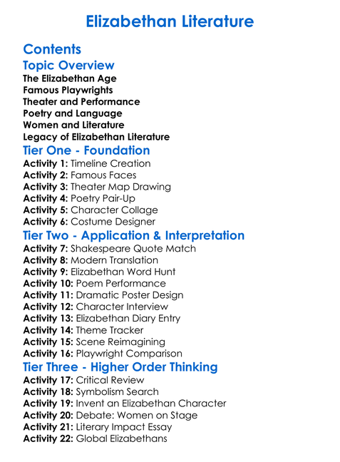 Elizabethan Literature Worksheet Activity Booklet