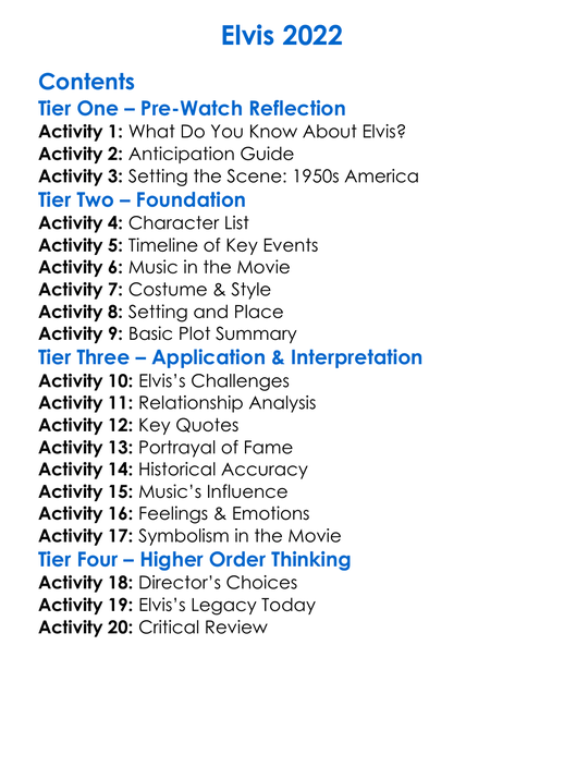 Elvis 2022 Worksheet Activity Booklet