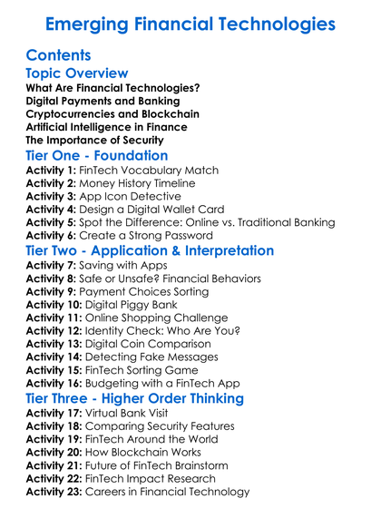 Emerging Financial Technologies Worksheet Activity Booklet