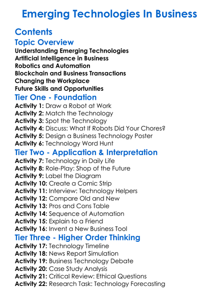 Emerging Technologies In Business Worksheet Activity Booklet