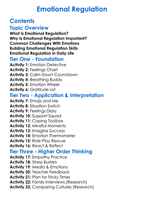 Emotional Regulation Worksheet Activity Booklet