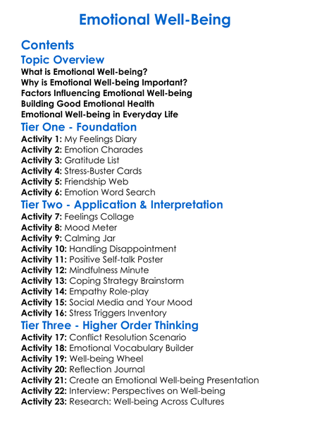Emotional Well-Being Worksheet Activity Booklet
