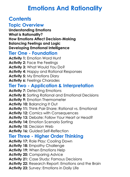 Emotions And Rationality Worksheet Activity Booklet