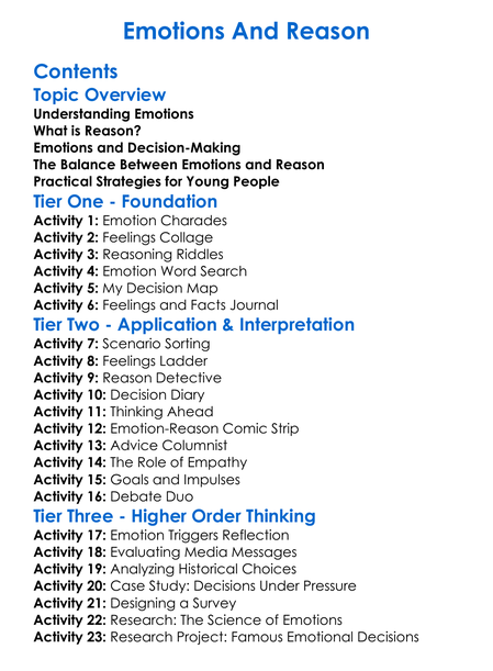 Emotions And Reason Worksheet Activity Booklet