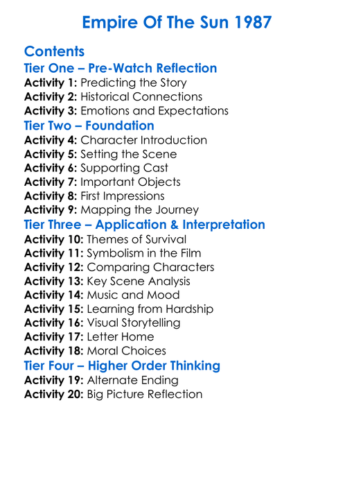 Empire Of The Sun 1987 Worksheet Activity Booklet