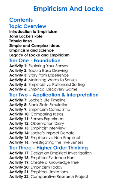 Empiricism And Locke Worksheet Activity Booklet