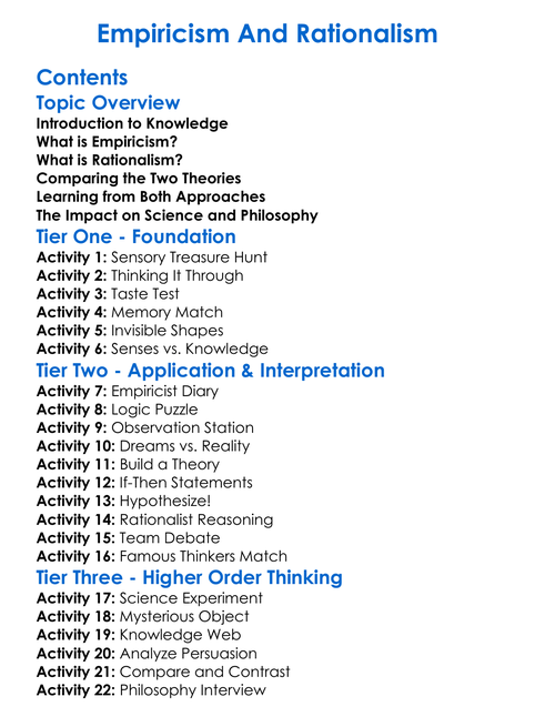 Empiricism And Rationalism Worksheet Activity Booklet