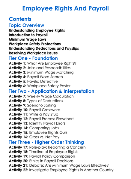 Employee Rights And Payroll Worksheet Activity Booklet
