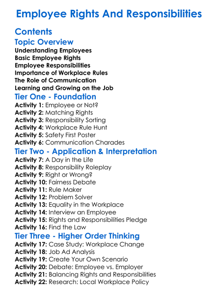 Employee Rights And Responsibilities Worksheet Activity Booklet