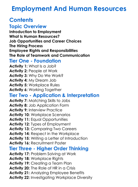 Employment And Human Resources Worksheet Activity Booklet