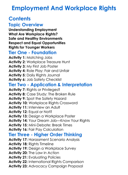 Employment And Workplace Rights Worksheet Activity Booklet