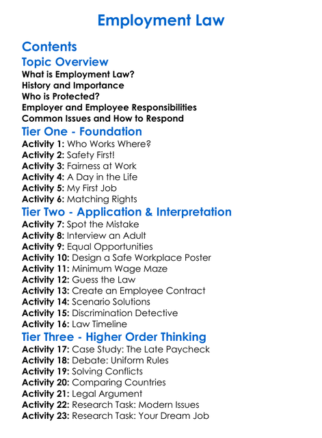 Employment Law Worksheet Activity Booklet