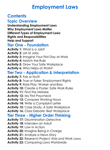 Employment Laws Worksheet Activity Booklet