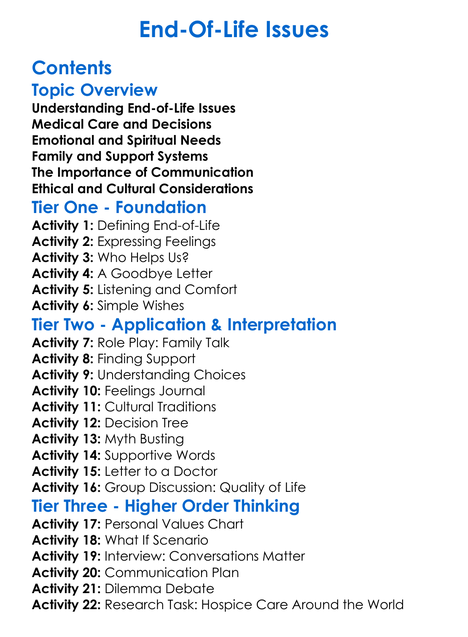 End-Of-Life Issues Worksheet Activity Booklet