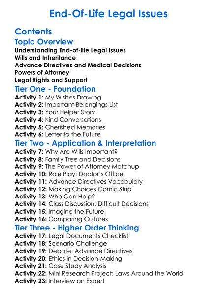 End-Of-Life Legal Issues Worksheet Activity Booklet