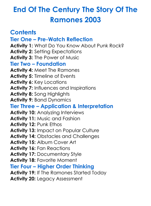 End Of The Century The Story Of The Ramones 2003 Worksheet Activity Booklet