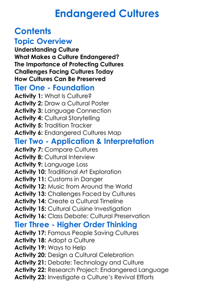 Endangered Cultures Worksheet Activity Booklet