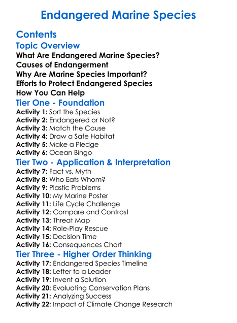 Endangered Marine Species Worksheet Activity Booklet