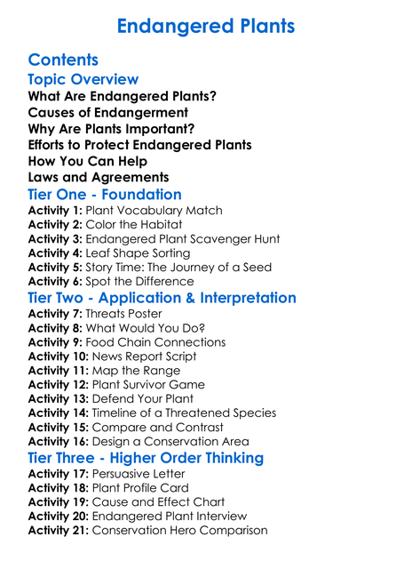 Endangered Plants Worksheet Activity Booklet