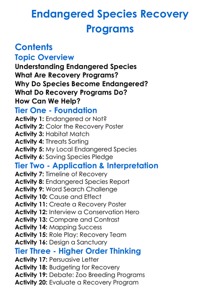 Endangered Species Recovery Programs Worksheet Activity Booklet